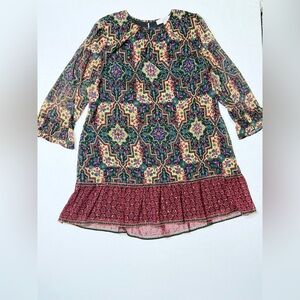 LOFT Boho Floral Geometric Drop Waist Ruffle Hem Long Sleeve Dress Size Medium